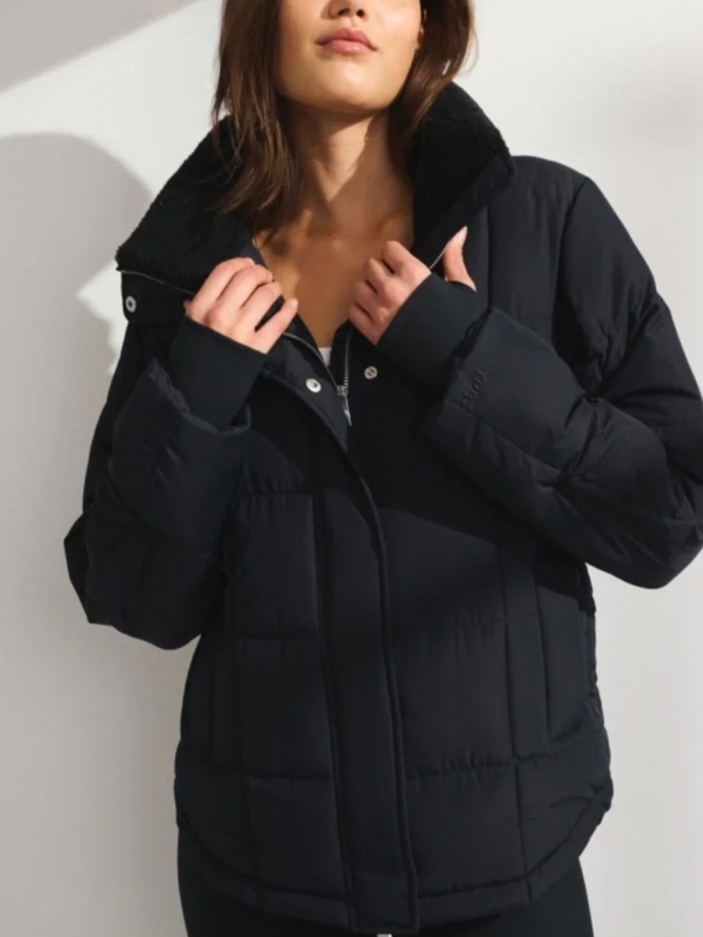 Women's Black Puffer Coat with Sherpa Collar